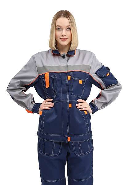 Костюм ЖЕНСКИЙ "РОЛЬФ" куртка/брюки, цвет: Т.СИНИЙ/СВ.СЕРЫЙ/ОРАНЖЕВЫЙ - Урсус